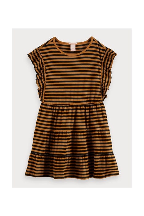 JERSEY A-LINE DRESS WITH GATHERED LAYERS IN YARN DYE STRIPE  1