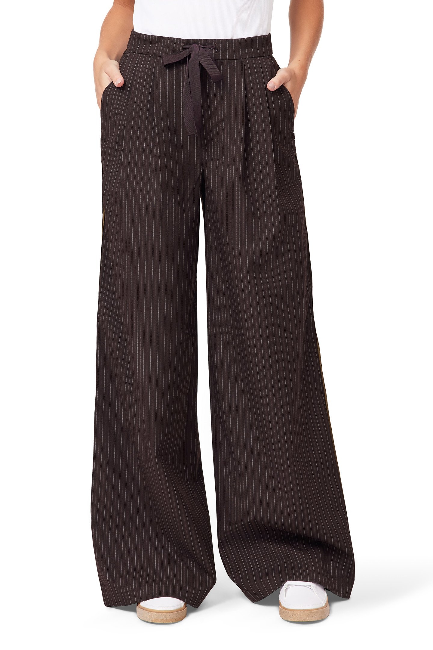 TAILORED WIDE LEG PANTS W TIE BROWN PINSTRIPE 1