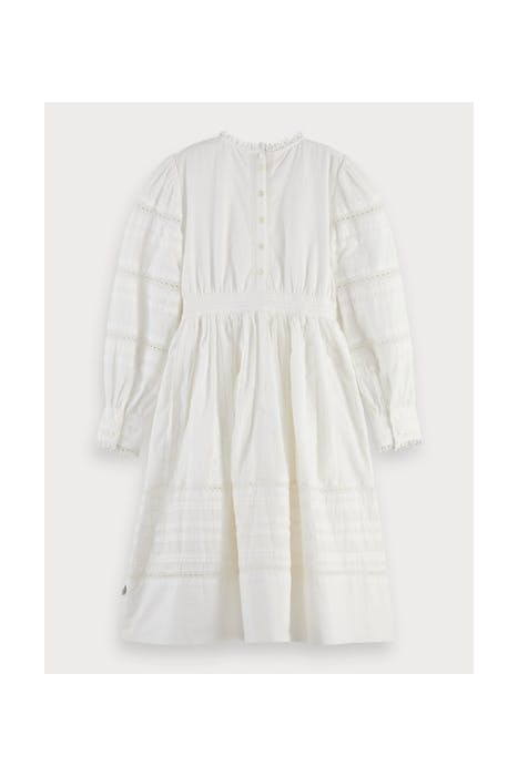 LONG SLEEVE MIDI DRESS WITH RUFFLES AND LACE TAPES OFF WHITE 2