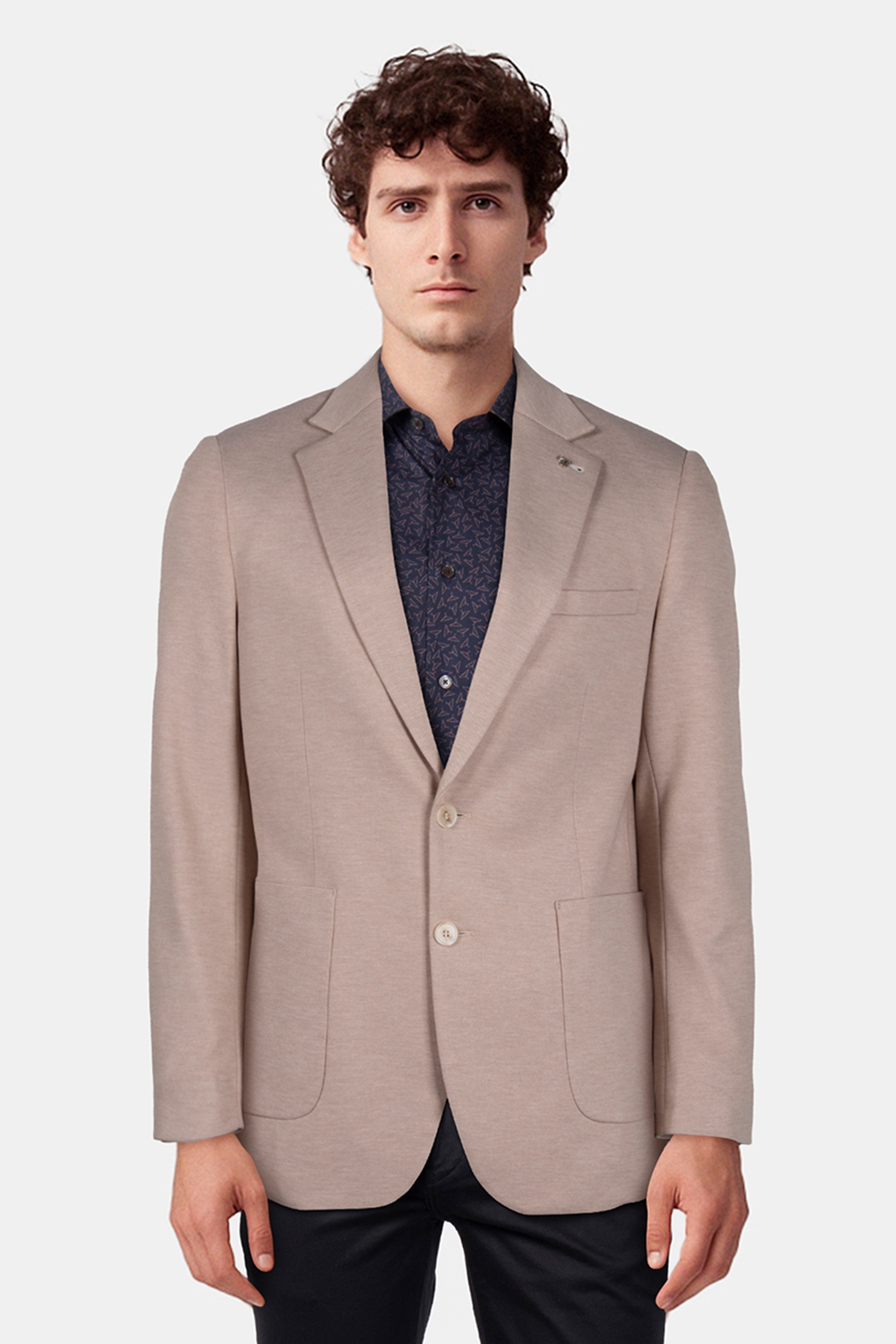 2 BUTTON JACKET JERSEY KNIT PATCH POCKETS TAN 1